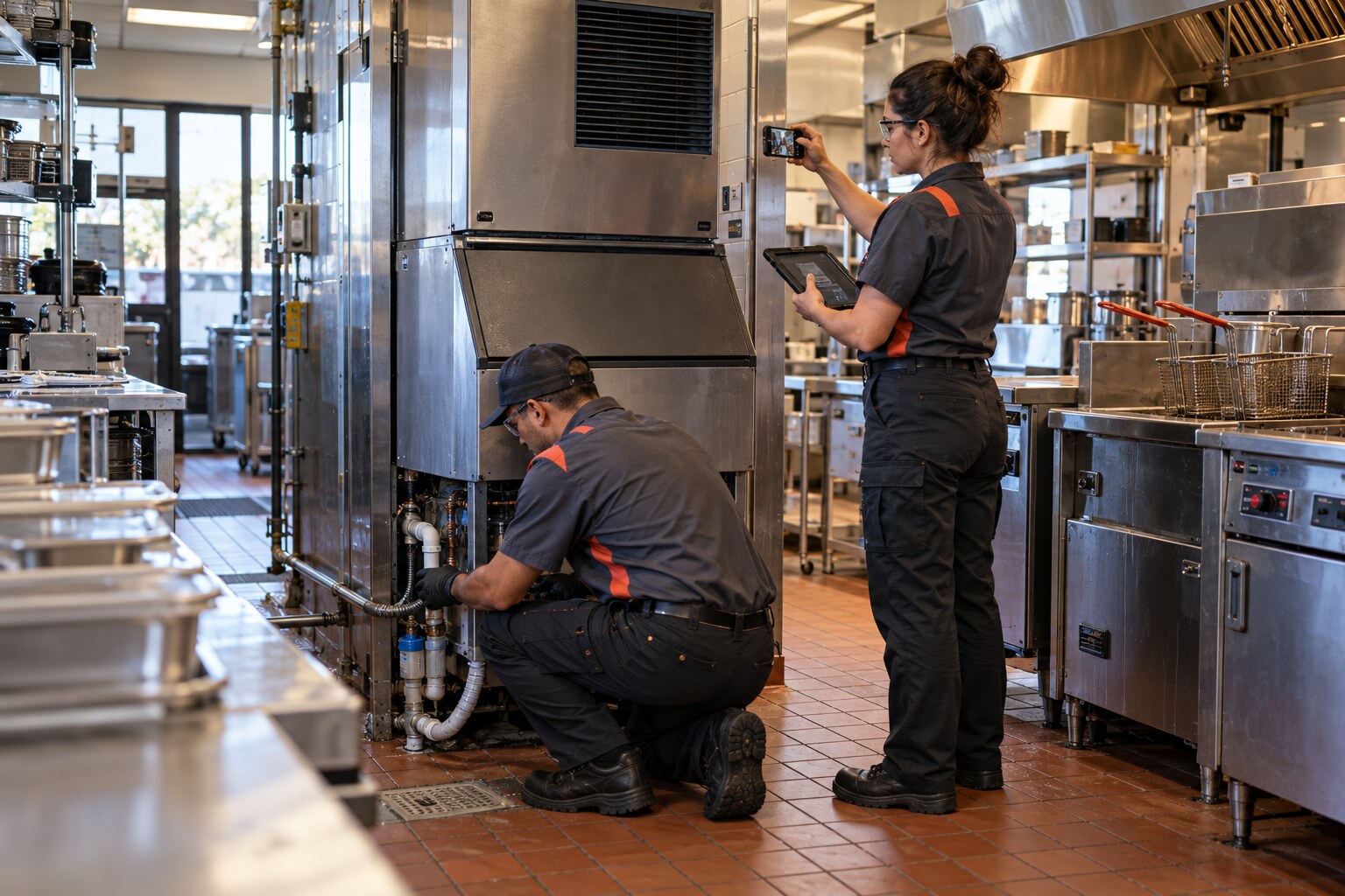 M60 field technicians surveying and documenting commercial kitchen equipment
