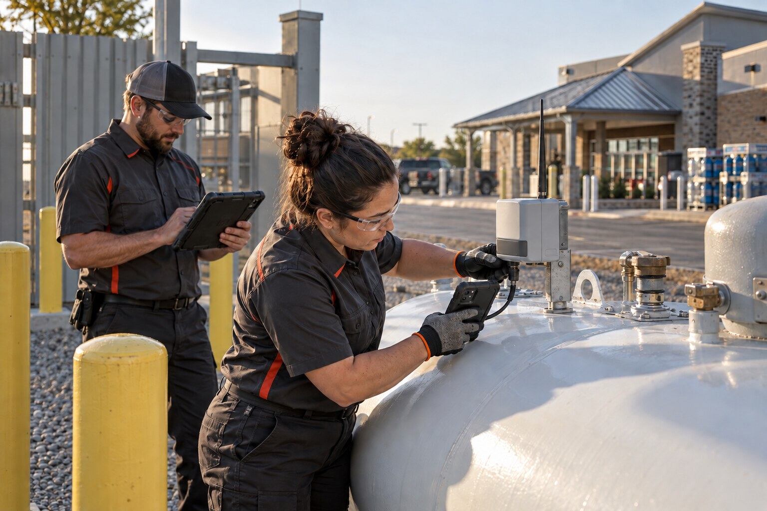 M60 field technicians commissioning a tank telemetry monitor